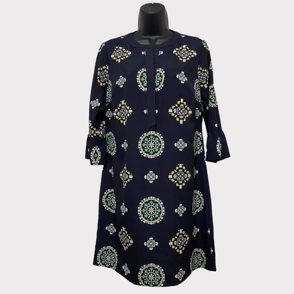 Crown & Ivy Navy Blue Geometric Shape Pattern 3/4 Sleeve Dress Size 4 - Picture 1 of 6